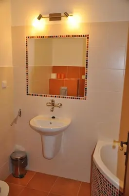 a bathroom with a sink and a mirror and a tub at Pension Nostalgie in Beroun