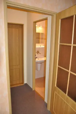 a bathroom with a sink and a toilet and a door at Pension Nostalgie in Beroun