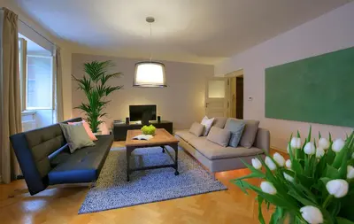 a living room with a couch and a table at U Kapra Apartments in Prague