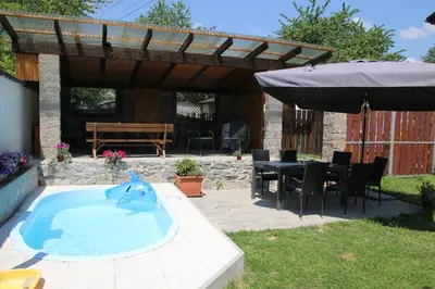a pool with a dolphin in the middle of a yard at U Certa in Čerčany