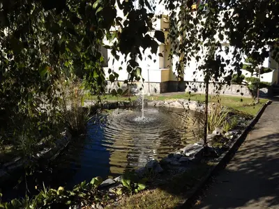a fountain in a pond in a park at Fontána in Prague