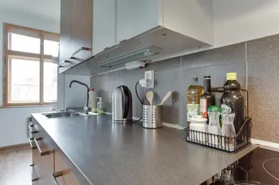 a kitchen with a sink and a counter top at Big family apartment in Prague