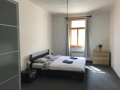 a bedroom with a bed and a window at Big family apartment in Prague