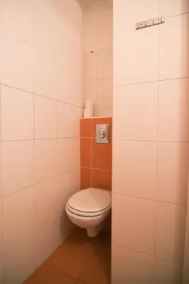 a toilet in a bathroom with white tiles at Pension Nika in Prague