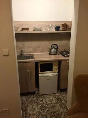 a small kitchen with a sink and a microwave at Apartments Emma in Prague