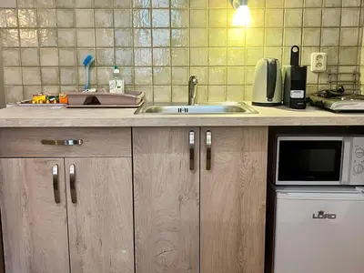 a kitchen with a sink and a microwave at Apartments Emma in Prague