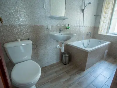 a bathroom with a toilet and a sink and a tub at Pension Centrum in Ricany