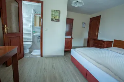 a bedroom with a bed and a bathroom with a sink at Pension Centrum in Ricany