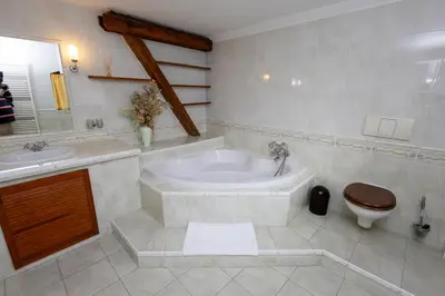 a bathroom with a tub and a toilet and a sink at Pension Centrum in Ricany