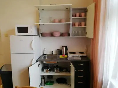 a small kitchen with a sink and a refrigerator at Flamingo Apartments in Prague