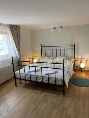 a bedroom with a bed and two lamps on the floor at Apartmány U Václava - 7 minut od letiště Václava Havla - parkování zdarma in Kněževes