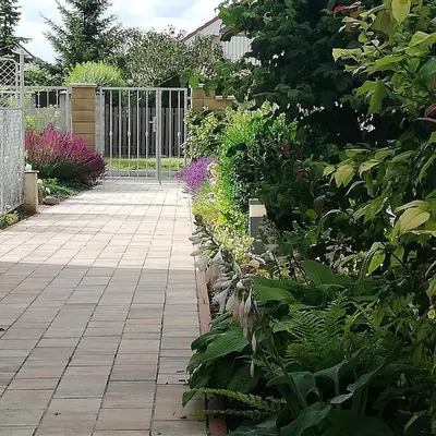 a garden with a walkway and some plants at Apartmány U Václava - 7 minut od letiště Václava Havla - parkování zdarma in Kněževes