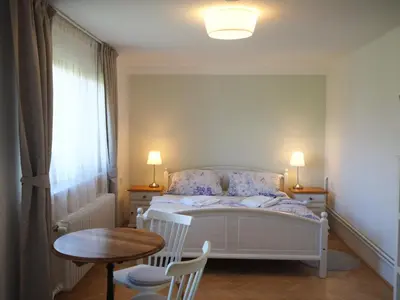 a bedroom with a bed with two chairs and a table at Apartmány U Václava - 7 minut od letiště Václava Havla - parkování zdarma in Kněževes