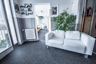 a white couch in a room with a potted plant at Hotel Penzion Rohožník in Prague
