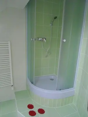 a shower with a glass door in a bathroom at Suite Ohrada in Prague