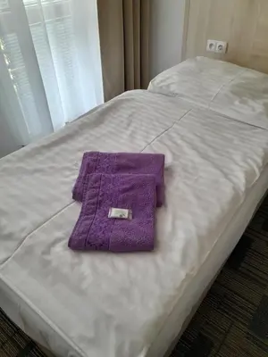 a purple towel sitting on top of a bed at Volha in Prague