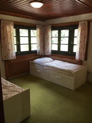 a bedroom with two beds and two windows at CHATA Privlaky in Přívlaky