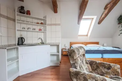 a kitchen with wooden cabinets and a sink at Penzion Bedrč in Benešov