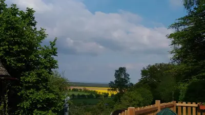 a fence with a view of a field and trees at Kamenný dům Bezdědice-Máchův kraj in Bezdědice