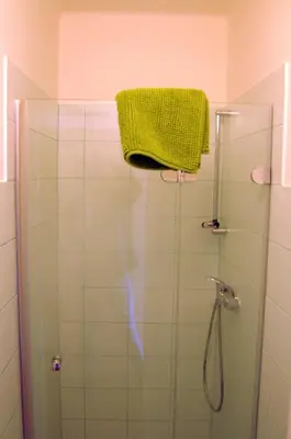 a bathroom with a shower with a green towel at Panorama Prague Castle with Terrace in Prague
