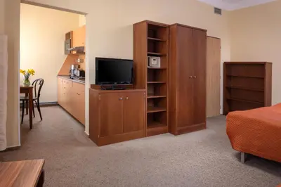 a living room with a television and a bedroom at Anyday Apartments in Prague