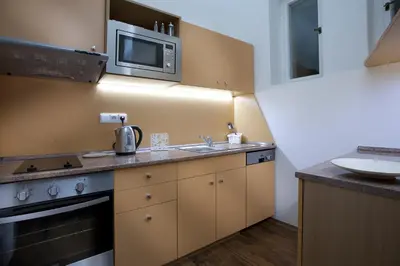 a small kitchen with a sink and a microwave at Anyday Apartments in Prague