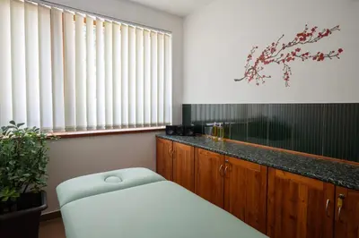 a bathroom with a white bench and a window at Rezidence & Wellness Blatov in Prague
