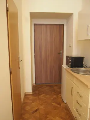a kitchen with a door with a sink and a microwave at Museum Inn in Prague