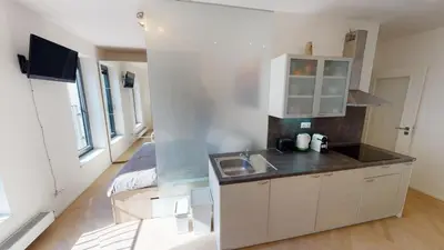 a kitchen with a sink and a counter top at ONSITE Free Garage Parking, 10min Centre by Bus in Prague