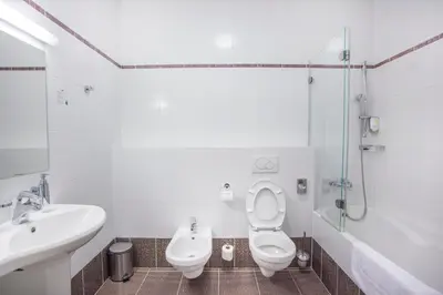 a white bathroom with a toilet and a sink at Hotel Hartig in Prague