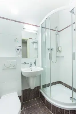 a bathroom with a sink and a shower and a toilet at Hotel Hartig in Prague