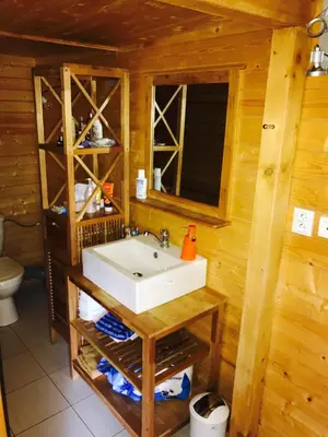 a bathroom with a sink in a log cabin at Summer lake in Chotilsko