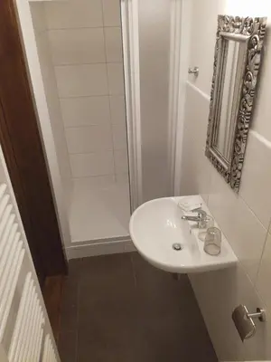 a white bathroom with a sink and a shower at Penzion Na Letním bytě in Kouřim