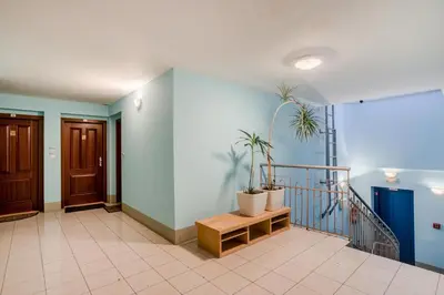 a hallway with a staircase with potted plants on it at Prague 1 SUNNY APT with terrace by Michal&Friends in Prague