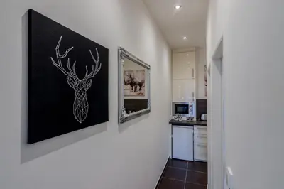 a kitchen with a picture of a deer on the wall at Prague APT near Charles Bridge by Michal&Friends in Prague
