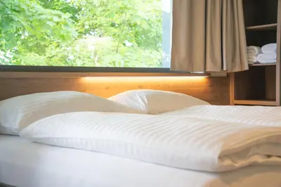 a bed with two pillows in front of a window at Penzion Lesni in Milovice