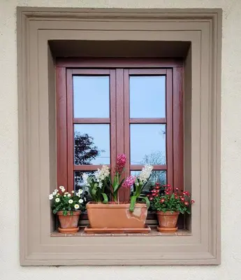 a window with potted flowers on a window sill at Stary dum in Černošice