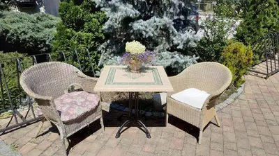 a table and chairs with a vase of flowers on it at Stary dum in Černošice