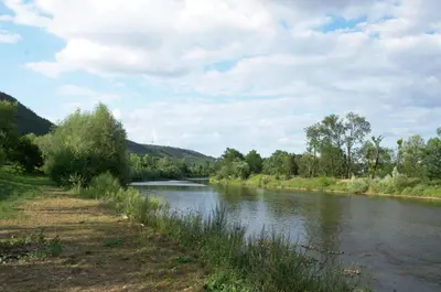 a river with a dirt road next to a field at Stary dum in Černošice