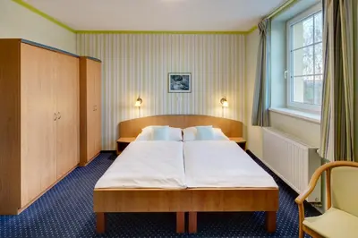 a hotel room with a large bed and a window at Hotel Kolonie in Křivoklát