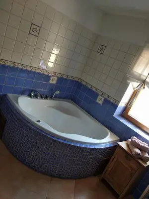 a bath tub in a bathroom with blue tiles at U Anny Šmejdířky in Nymburk