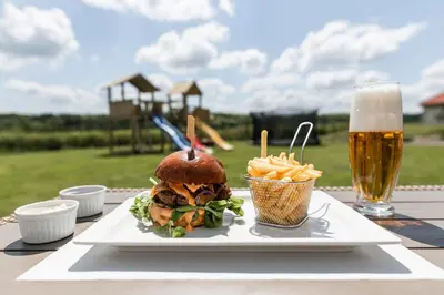 a sandwich and fries on a table with a glass of beer at Bílichov in Bílichov