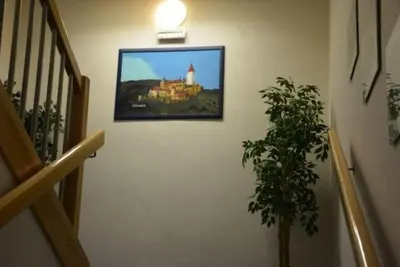a picture of a building on a wall next to a plant at Hotel O.K. 1 in Beroun