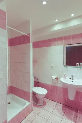 a pink bathroom with a toilet and a sink at Hotel NED HOCKEY in Nymburk