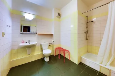 a bathroom with a sink and a toilet and a tub at Hotel NED HOCKEY in Nymburk