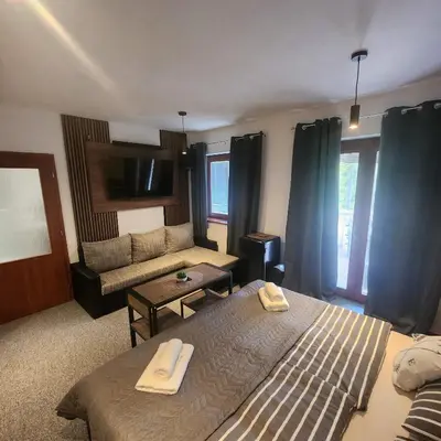 a hotel room with two beds and a couch at Penzion a Restaurace Simanda in Prague