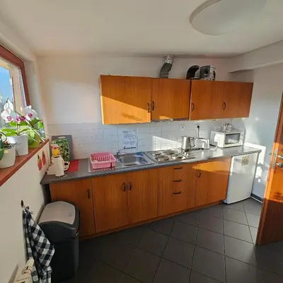 a kitchen with wooden cabinets and a sink at Penzion a Restaurace Simanda in Prague