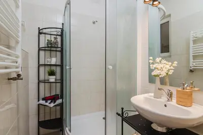 a bathroom with a shower and a sink at APT with sunny garden Prague by Michal&Friends in Prague
