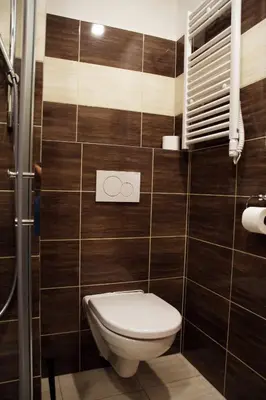 a bathroom with a toilet and brown tiles at Penzion Alfa Poděbrady in Poděbrady