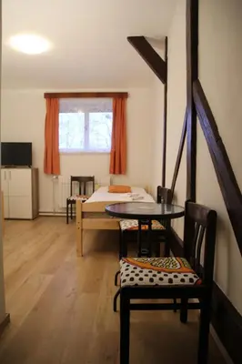 a room with a table and chairs and a room with two beds at Penzion Alfa Poděbrady in Poděbrady